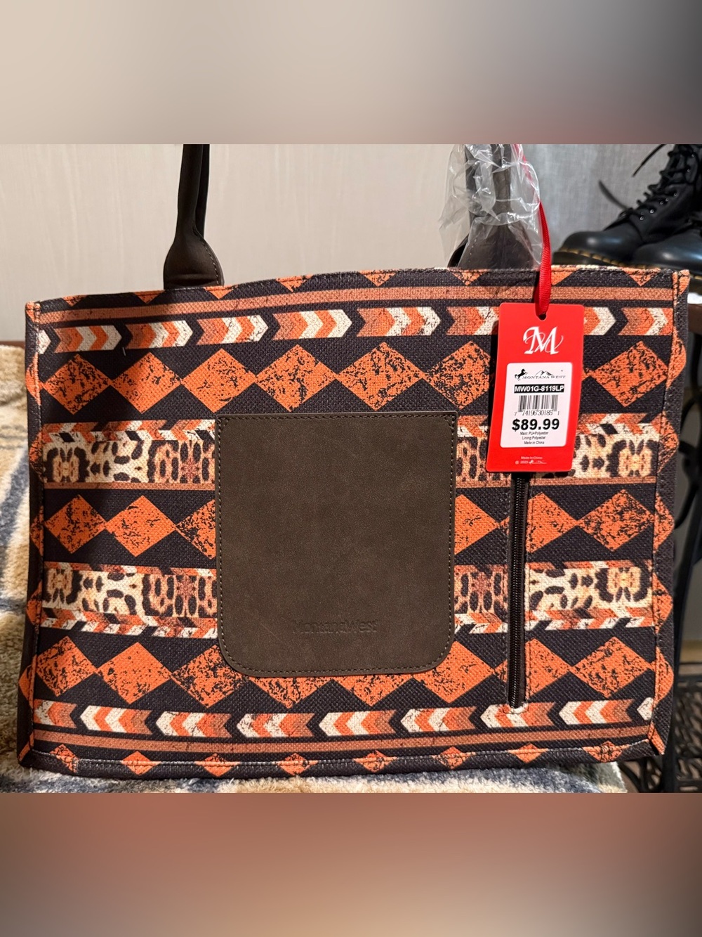 Montana West Orange & Brown Aztec Pattern Tote